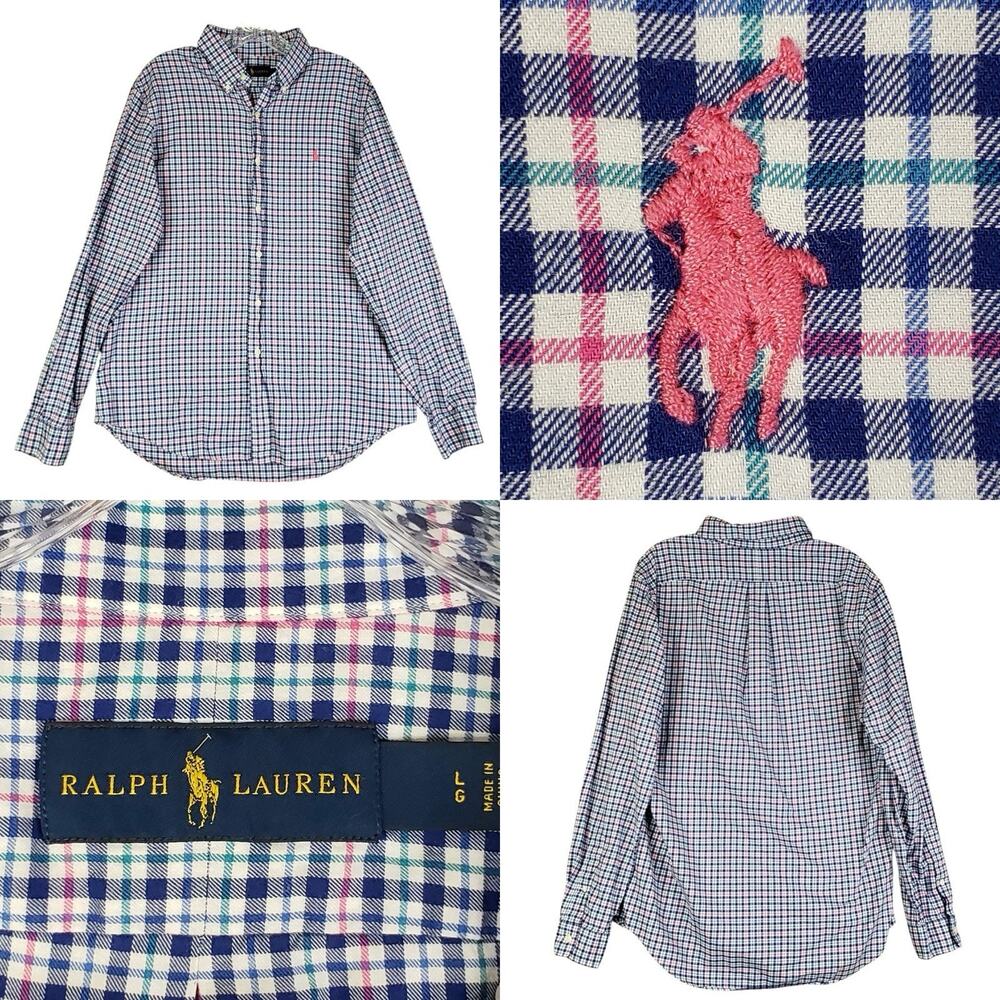 Polo Ralph Lauren Shirt Oxford Button Down Mens Size Large LS White Blue Plaid